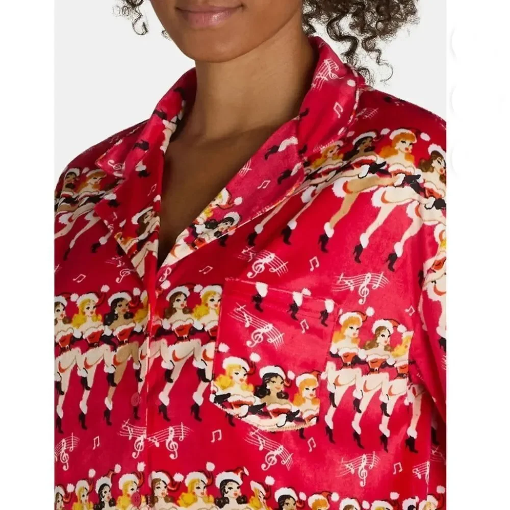 Velour Notch Collar Pajama Top & Pants Lounge Sleep 2-Piece Set Size L